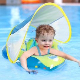 Oziral Baby Swimming Ring with Removable UPF50+ Sun Canopy and Bell, Tail Wing with Dual Air Bags Baby Float Swim Seat Safe and Fun Pool Float for Toddlers
