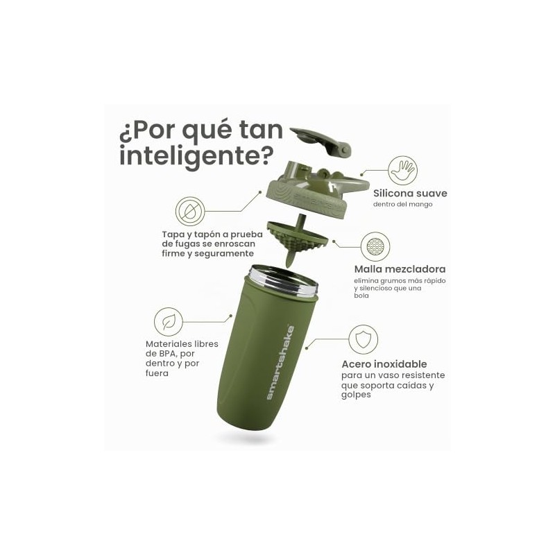 SmartShake Reforce Verde Botella Mezcladora de Acero Inoxidable 900 ml,