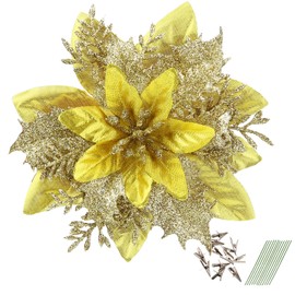 GREENTIME 12 Pcs Glitter Poinsettia Artificial Flowers Christmas with Clips Stems Xmas Tree Ornaments for Wedding Party Wreath Decoration (Yellow Gold