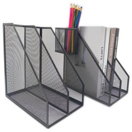 RHONZHAO 2 Set Desk Organizers, Metal Desk Magazine File Holder and 1 Pen Holder, 2 Compartments Mesh File Holder, Mesh Desktop Organizer and Storage,Black