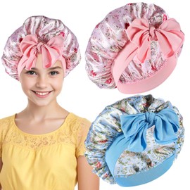 Sibba 2Pcs Kids Long Hair Bonnet for Sleeping Satin Bonnets Soft Silk Bonnet Elastic Cap Breathable Wide Band Shower Hats Adjustable Baby Bonnets Night Sleep Cap for Curly Natural Hair Braids