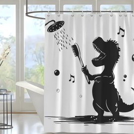 keepitcozi Dinosaur Shower Curtain Set for Kids, Funny Dino Shower Curtain for Boys, Black White Cartoon Animal Shadow Bathroom Accessories with 12 Hooks, 71"x71"
