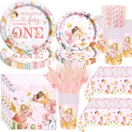 Fiesec Fairy First Birthday Supplies Tableware Set, Floral Enchanted Themed 1st Birthday Party Decorations, Our Little Fairy is Turning One Flower Garden Party Supplies for One Year Old Girl Pink