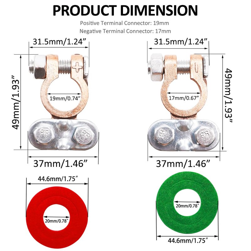 Tnisesm 1Pair Battery Terminal Set with Anti-Corrosion Washers, Positive Negative