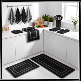 Purpeak 37 Pcs Black Kitchen Decor and Accessories Set Include 20 Kitchen Utensil Set 4 Dish Towels 2 Oven Mitts and Pot Holders 3 Rugs 6 Placemats for Home Farmhouse Cooking Baking Housewarming Gifts
