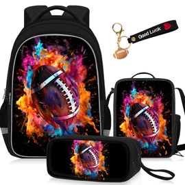 School Backpack For Boys - 4pcs American Football Boys Backpack With Lunch Box And Pencil Case For Kids Children Teens Elementary Middle School - Boys Backpacks Ages 6-18，17″ Bookbag Back Pack