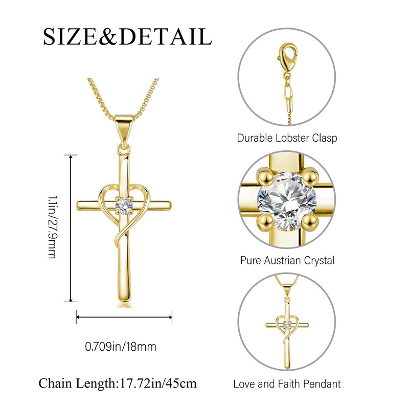 Eesphy Cross Heart Necklace, 18K Gold Plated Crystal Pendant for