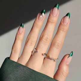 24 Pcs Christmas Press on Nails Medium Almond RIICFDD Nude Fake Nails Green Christmas Hat Designs Pink Full Cover False Nails Glossy Stick on Nails for Women Acrylic Christmas Nails