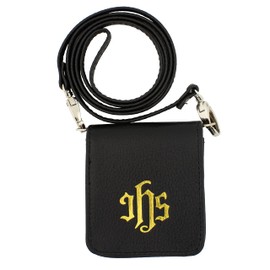 Black Genuine Leather Pyx Case | Burse for Transporting Holy Communion Hosts | Great Catholic Gift for Priests, Deacons, and Eucharistic Ministers | IHS in Metallic Print | Soft Lining | Snaps Shut