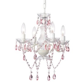 Pink Chandelier White Chandeliers Lighting with Acrylic Crystals Mini 4 Lights Pendant Light for Bedroom and Girls Room