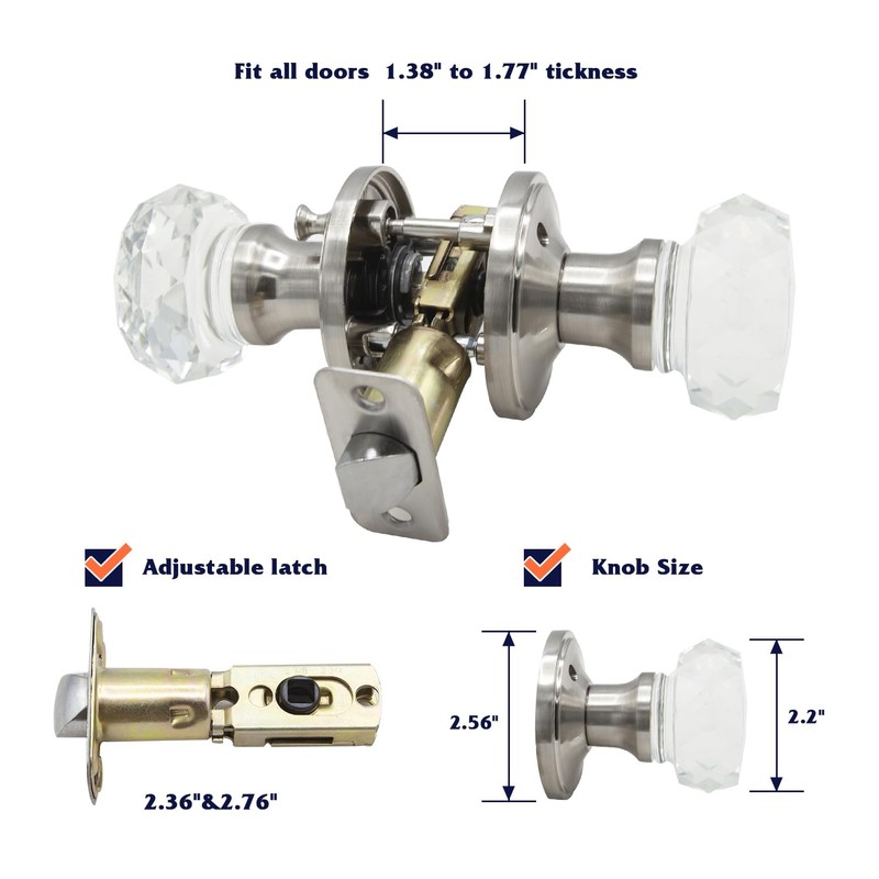 Solidware Glass Crystal Door Knob, Modern Design Door Lockset, Satin