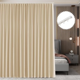 RYB HOME Room Divider Curtain Set with Sliding Track Room Partition for Bay Windows/Bedroom/Living Room/Basement/Patio/Sliding Glass Door Blackout Privacy Assured, W 100 x L 84 in, Beige, 1 Panel
