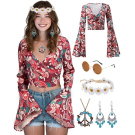 kasahara 70s Hippie Clothes for Women Hippie Costume Boho Tops Blouse Outfit With Sunglasses Headband Accessories Mix 2 M