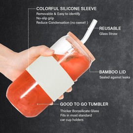 DAMCONME Glass Cups with Lid and Straw,Glass Coffee Cups,Smoothie Cup,Beer Glasses,Mason Jar Cups,Juice Glasses,Matcha Cup,Aesthetic Cup,20oz Glass Bamboo Cup with Straw,1 Brush-Avocado