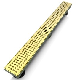 WEBANG 24 Inch Linear Shower Drain Rectangular Floor Drain with Accessories Square Hole Pattern Cover Grate Removable SUS304 Stainless Steel CUPC Certified Brushed Gold