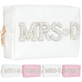 Aintmax Bride Patch MRS Letter Makeup Bag for Women Bridal Shower Bridesmaid Engagement Gift Pearl Rhinestone Make Up Bag for Wedding Waterproof Travel Toiletry Pouch White Cosmetic Bag (MRS-D)