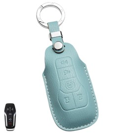 WiiLemz Key Fob Cover for Ford, Premium Soft Leather Key Case Shell with Key Ring for Ford Fusion Mustang F150 Edge Explorer Lincoln MKZ MKC MKX Smart Remote Key (5 Buttons, Light Blue)