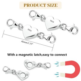 2 pieces chain extension, silver, heart magnetic clasp chain, magnetic clasp chain, chain pendant, silver, 925 silver bracelet clasp, magnetic chain clasp, for necklace bracelet