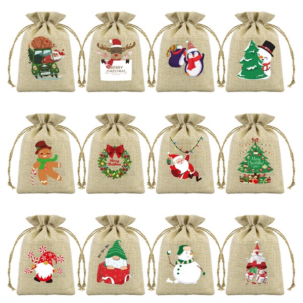 Ruisita 60 Pieces Christmas Linen Bags Burlap Christmas Bags with Drawstrings 6 x 4 Inch Small Gift Bags Bulk Jute Burlap Bags for Candy Wrapper Xmas Party Favor Supplies