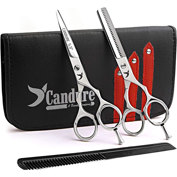 Candure Hairdressing Scissor Hairdresser thinning Scissor Set - 5.5 Inch Hair Cutting and Hair Scissor with Comb and Pouch - for Men, Women, Children and Professional Barbers