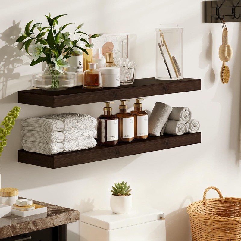 BAMEOS Solid Bamboo Floating Shelves, Set of 2 with Invisible