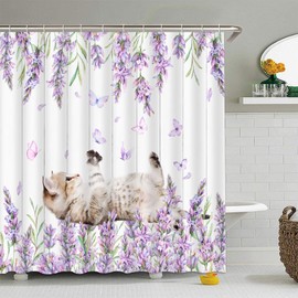 FILMILIL Funny Cat with Flower Shower Curtain Purple Lavender Butterfly Kitty Pet Lover Valentine's Day Rustic Floral Wooden Board Romantic Bathroom Curtain Set Polyester Fabric Hooks 70 X 70 Inch