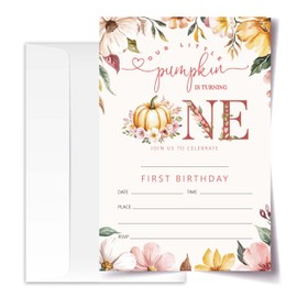 Our Little Pumpkin Is Turning One - First Birthday Invitation Cards with Envelopes Pack of 20 (4"x6") - Pumpkin Floral Autumn Themed 1st Birthday Party Invitations.(158)