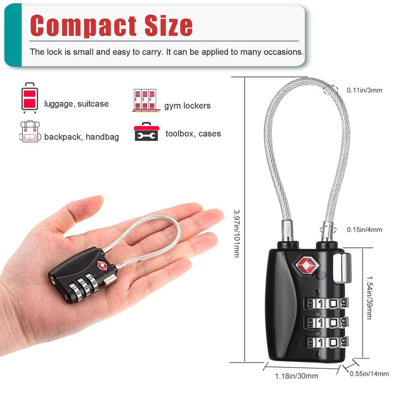 ZHEGE Suitcase Locks TSA Approved, Cable Travel Lock, 3 Digit