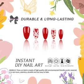 Valentines Press on Nails Medium Almond MABKJLF Wine Red Fake Nails False Nails with Designs Heart Glitter Full Cover Glossy Glue on Nails Stick on Nails for Women Girls 24 Pcs
