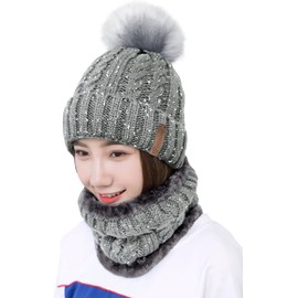 Generic Women's Winter Hat Scarf Set, Warm Soft Inner Lining Knitted Hat and Scarf with Fleece Lining, Winter Warm Beanie Hat Knitted Scarf Set, Tube Scarf Hats Hats with Faux Fur Bobble Pom,