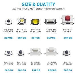 QTETAK 200 Pcs 10 Value Micro Momentary Tactile Push Button Switch Tact Assortment Kit