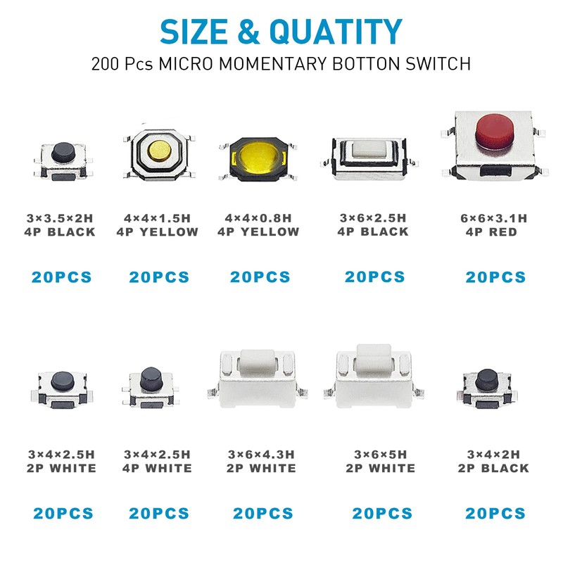 QTETAK 200 Pcs 10 Value Micro Momentary Tactile Push Button