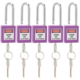 Safety Lockout Padlock, 5Sets 38mm Lockout Tagout Padlock Anti‑Skid Padlock Steel Beam Insulated Lock with 10 Keys Writable Label for Machine Building Security(Purple), Locks and Accessories