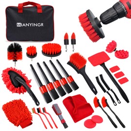 MIANYINGR 32Pcs Car Detailing Kit, Auto Detailing Brush Set and Drill Brush Attachments with Portable Handbag, Multi-Functional Vehicle Cleaning Tool for Wheels, Windshield
