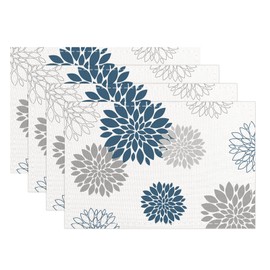 Snycler Table Runner Blue Grey Dahlia Pinnata Flower Table Runners Modern Elegant Pompon Farmhouse Geometric Table Center White Linen Decor for Home Dining Party Entrance (12x18 Inch,Set of 4)