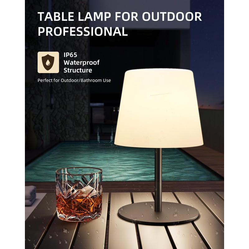 EZVALO Outdoor Cordless Table Lamp, IP65 Waterproof 4500mAh Rechargeble Shower