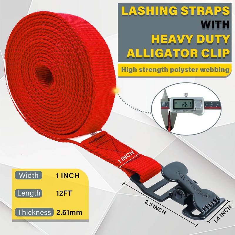 Lashing Strap,1"×12FT Tie Down Straps with Alligator Clip,Adjustable Cargo Straps