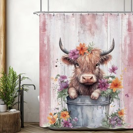 Laifzere Cute Highland Cow Shower Curtain Farmhouse Pink Wooden Shower Curtain for Bathroom Set Funny Cattle Rustic Animal Fabric Waterproof Shower Curtain for Bathtub Decor 60x72 Inch with Hooks