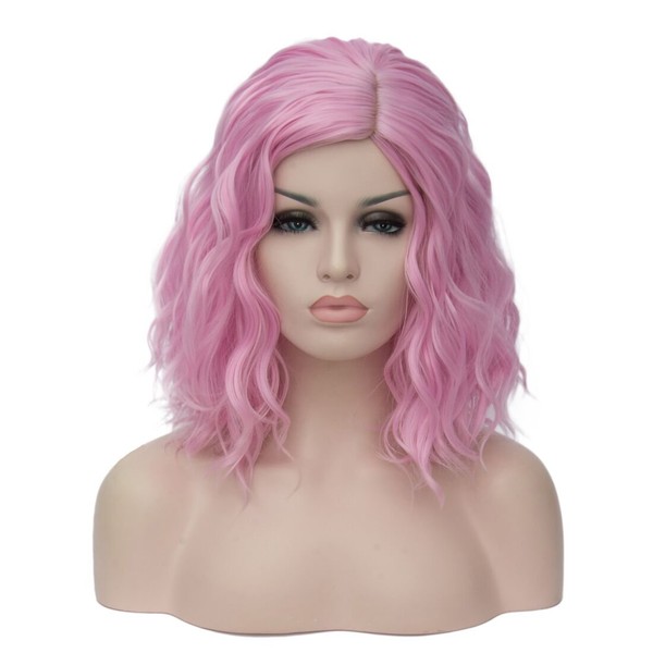 Mildiso Pink Wigs for Women Short Curly Wavy Bob Wig Light Pink Hair Wig with Wig Caps Cute Colorful Synthetic Wig for Daily Party M068PK
