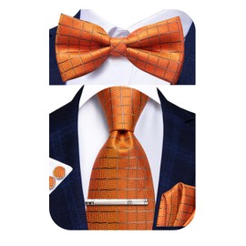 Hi-Tie Mens Orange Plaid Ties Set Silk Bow Tie and Silver Tie Clip with Pocket Square Cufflinks Set for Wedding Business