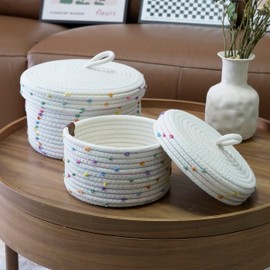 Cotton Rope Storage Basket with Lid Set (2 Pieces) - Diameter 22 x 14 cm and Diameter 19 x 11 cm - Decorative Woven Baskets with Colourful Pompom, Multifunctional for Living Room, Bathroom, Office