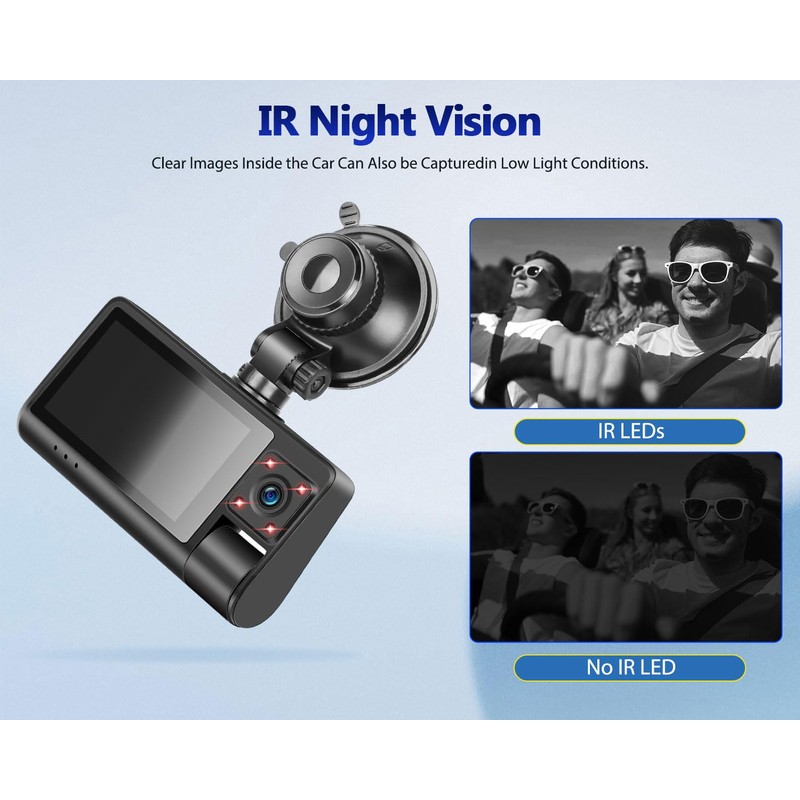 3 Channel Dash Cam Front and Rear Inside, 3 Inch