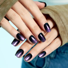 Press on Nails Short Ombre Purple Black Press on Nails Square Handmade False Nails with Glue on Nail 24PCS for Women