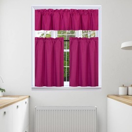 3Pc Set Solid Faux Silk Lined Blackout Rod Pocket Small Kitchen Window Curtain with Valance (K3) (HOT Pink)