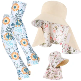 Bunnycool 2 Pcs Sun Hat Gardening Farmer Arm Sleeves Women UPF 50 Sun Protection Hat Summer Outdoor Neck Shield Flap Visor Ponytail Wide Brim Beach Colorful