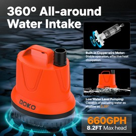 DOKO Small Submersible Water Pump, 660GPH Pond Pump with 6FT Power Cord and Handle, Ultra Quiet Pool Pump with 4 Nozzles and 4 Suction Cups, Drain Pump for Bathtub Pool Fish Tank