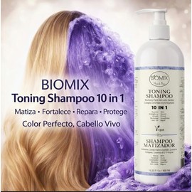 Biomix Shampoo Matizador 10 en 1 480ml Arándano Matiza Naranja Amarillo Efecto Platino Canas Repara Mientras Matiza Células Madres, Queratina, Colágen