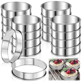 Aiofaervy 16 PCS 4 Inch English Muffin Rings, Crumpet Rings Double Rolled Tart Ring Stainless Steel Muffin Rings Nonstick Metal Round Ring Molds for Home Food Making Tool, Sliver