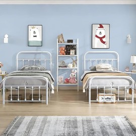 VECELO Twin Size Victorian Style Metal Bed Frame with Headboard Classic Metal Platform Bed Frame Mattress Foundation with Victorian Style Footboard/Under Bed Storage/No Box Spring White 2 Set