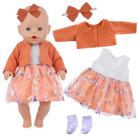 Baby Doll Clothes for 14-18 inch Baby Dolls, 4 Pcs Sweet Orange Doll Outfits with Orange Coat Tulle Skirt Hairband Socks for 43 cm Dolls, 35-43cm Cute Doll Clothes for Girls/Boys